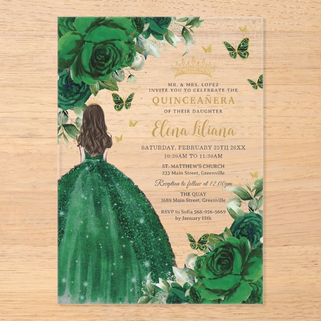 Invitaciones Acrílicas Princesa floral verde esmeralda Quinceañera dulce  (Anverso)