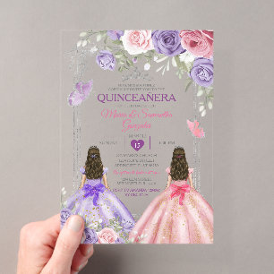 Invitaciones Acrílicas Princesa Gemela Plateada Quinceañera Morada y Rosa