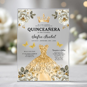 Invitaciones Acrílicas Princesa Mariposa Dorada Floral Quinceañera