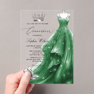 Invitaciones Acrílicas Princesa Quinceañera con vestido de esmeralda plat