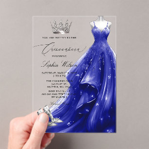 Invitaciones Acrílicas Princesa Quinceañera de vestido de gala azul plata