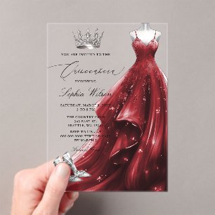 Invitaciones Acrílicas Princesa Quinceañera de vestir rojo plateado