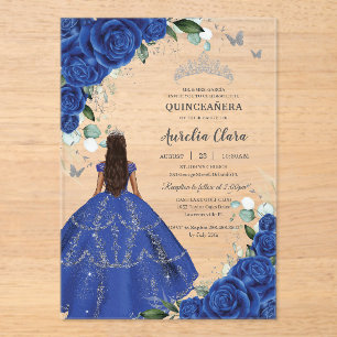 Invitaciones Acrílicas Princesa Quinceañera Rosas Azules Reales Vestido d