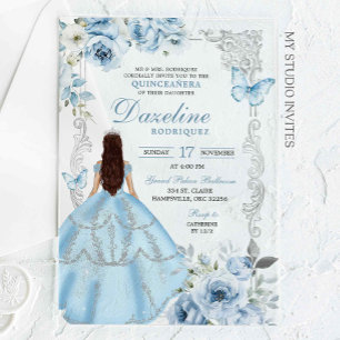 Invitaciones Acrílicas Princesa real azul de luz de plata Quinceañera