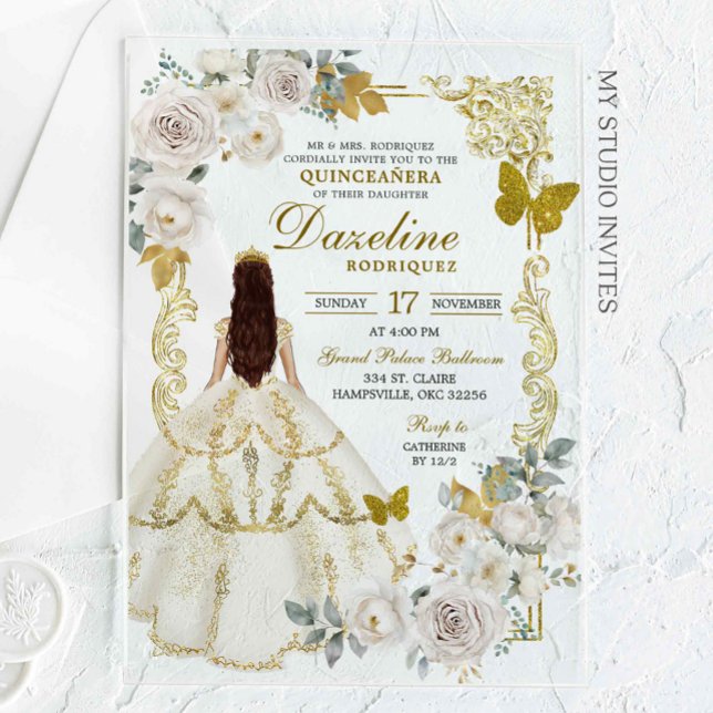 Invitaciones Acrílicas Princesa Real de Marfil Beige Quinceañera (Subido por el creador)