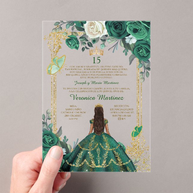 Invitaciones Acrílicas Princesa Verde Esmeralda Floral Mis Quince (Insitu (portátil))