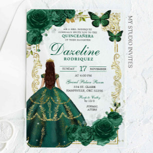 Invitaciones Acrílicas Princessa de oro y verde esmeralda Quinceañera