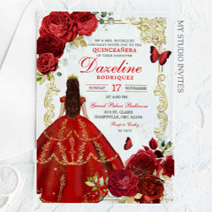 Invitaciones Acrílicas Princessa real roja y dorada Quinceañera