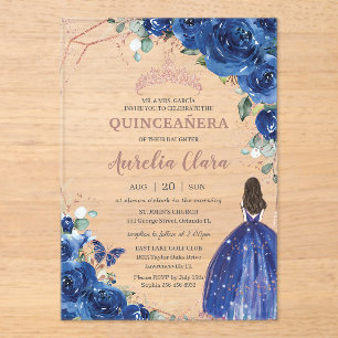 Invitaciones Acrílicas Príncipes florales azules reales de Quinceañera