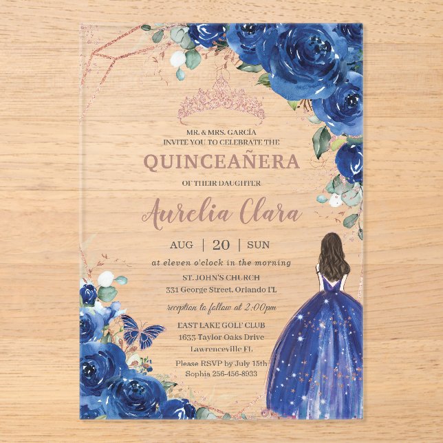 Invitaciones Acrílicas Príncipes florales azules reales de Quinceañera (Anverso)
