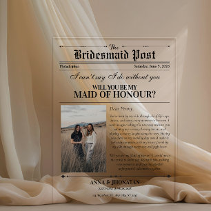 Invitaciones Acrílicas Propuesta de dama de honor foto retro de periódico