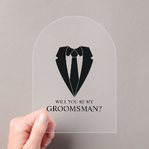 Invitaciones Acrílicas Propuesta de Demanda de Boda negro y tie Groomsman
