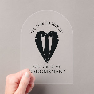Invitaciones Acrílicas Propuesta de Demanda de Boda negro y tie Groomsman