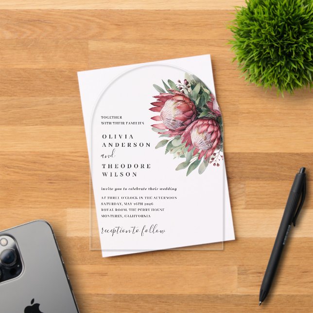 Invitaciones Acrílicas Protea nativa acuarela Floral Boho Botánico (Insitu (Tarjeta de Invitación))
