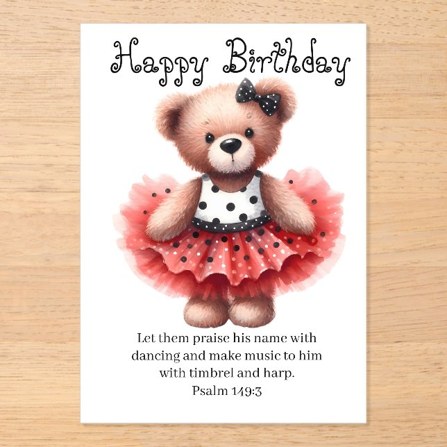 Invitaciones Acrílicas Psalm 149:3 Teddy Ballerina Birthday Greeting  (Anverso)