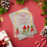 Invitaciones Acrílicas pueblo en la nieve a los Navidades congelados<br><div class="desc">Esta hermosa invitación a la fiesta de Navidades con forma de arco y arco dorado es muy tendencia. La parte inferior está decorada con ilustraciones naif de pueblo de color verde y rojo. Todos los textos están escritos con tipografía refinada y son personalizables. Perfecto para los navidades</div>