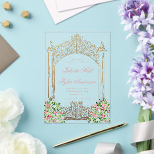 Invitaciones Acrílicas Puertas Regales Rosadas de Acrílico Hoja Falsa par