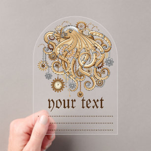 Invitaciones Acrílicas Pulpo Steampunk Retro Mecánico Fantasía