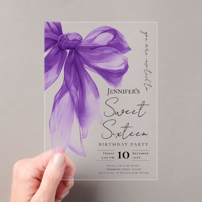 Invitaciones Acrílicas Purple Bow Coquette Script Sweet 16 Party (Insitu (portátil))