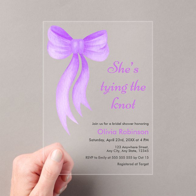 Invitaciones Acrílicas Purple Bow She's Tying the Knot Bridal Shower  (Insitu (portátil))