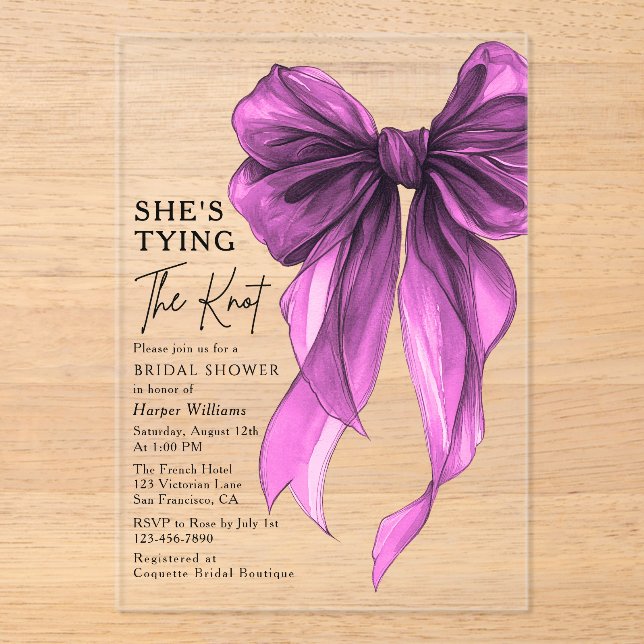 Invitaciones Acrílicas Purple Bow She's Tying The Knot Bridal Shower (Anverso)
