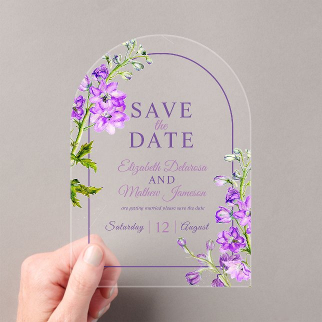 Invitaciones Acrílicas Purple delphinium botanical acrylic save the date (Insitu (portátil))