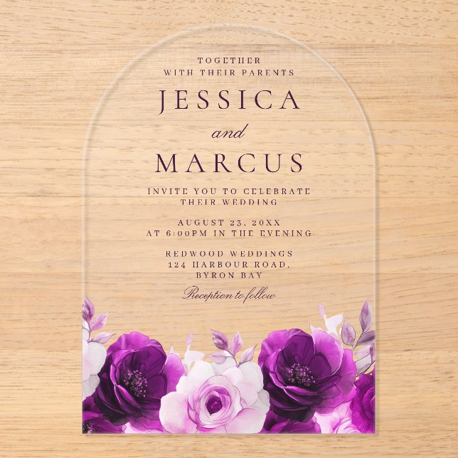 Invitaciones Acrílicas Purple Elegance: Boda Floral de Rosas Violetas Lil (Anverso)