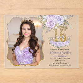 Invitaciones Acrílicas Purple Floral Sweet Sixteen 16th Birthday Photo