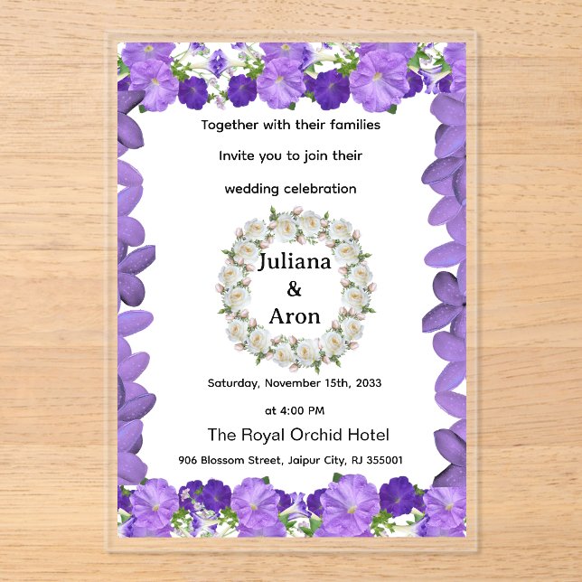 Invitaciones Acrílicas Purple Floral Wedding Invitation – Elegant Garden  (Anverso)