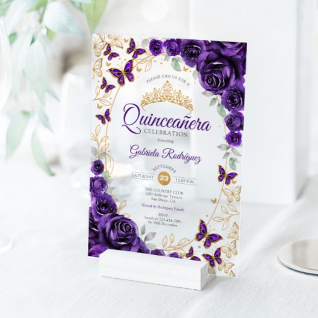 Invitaciones Acrílicas Purple Gold Floral Quinceanera (Subido por el creador)