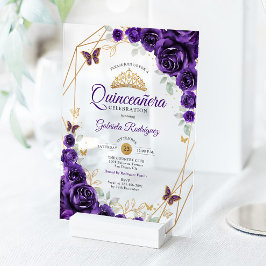 Invitaciones Acrílicas Purple Gold Floral Quinceanera