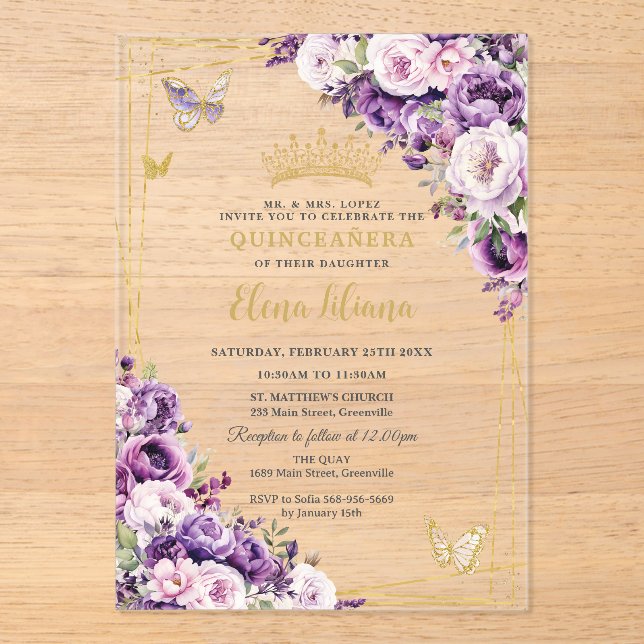 Invitaciones Acrílicas Purple Lilac Blush Floral Quinceanera Acrylic (Anverso)