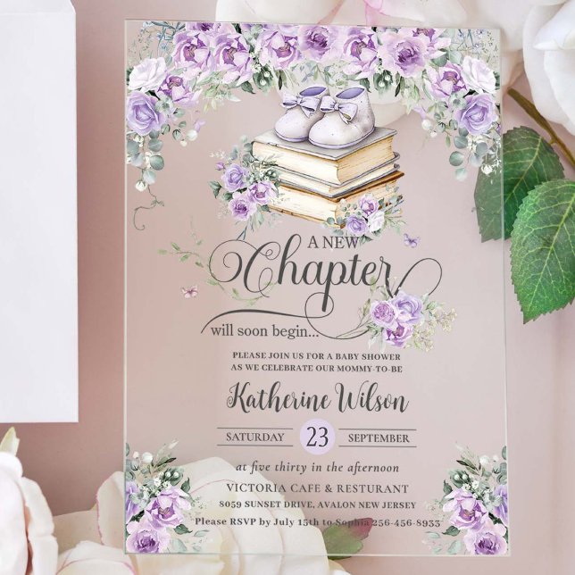 Invitaciones Acrílicas Purple Lilac Floral Book New Chapter Baby Shower (Subido por el creador)