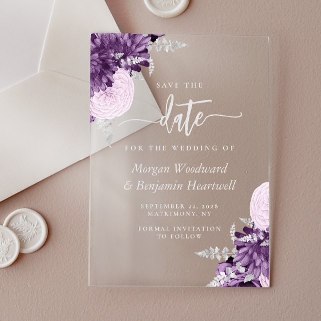 Invitaciones Acrílicas Purple Lilac Silver Floral Wedding Save the Date (Subido por el creador)