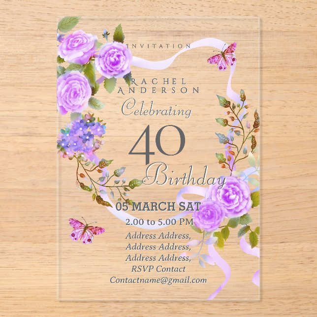Invitaciones Acrílicas Purple Rose Ribbon 40th Birthday Invitation (Anverso)