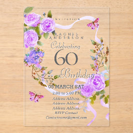 Invitaciones Acrílicas Purple Rose Ribbon 60th Birthday Invitation