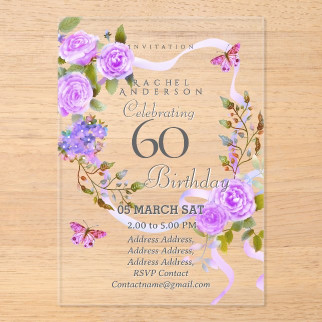 Invitaciones Acrílicas Purple Rose Ribbon 60th Birthday Invitation (Anverso)