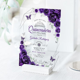 Invitaciones Acrílicas Purple Silver Floral Quinceanera