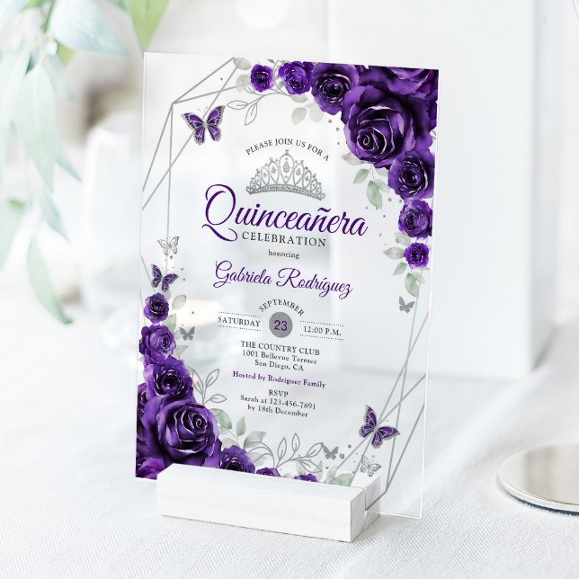 Invitaciones Acrílicas Purple Silver Floral Quinceanera (Subido por el creador)