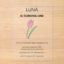 Invitaciones Acrílicas Purple Tulip Floral Girl Kids First Birthday 
