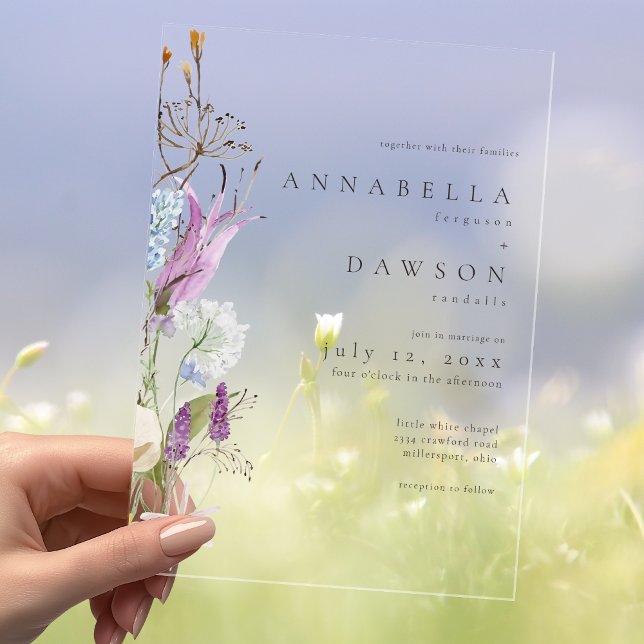 Invitaciones Acrílicas Purple Wildflower Watercolor Minimalist Wedding (Olive Branch Watercolor Elegant Minimalist Wedding Invitation)