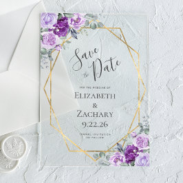 Invitaciones Acrílicas Púrpura acuarela Floral Gold Frame Guardar la fech