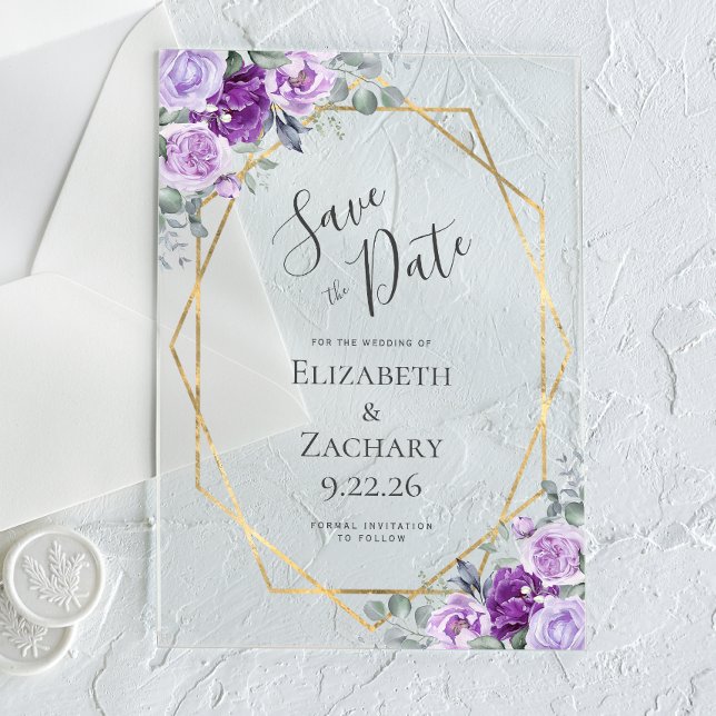 Invitaciones Acrílicas Púrpura acuarela Floral Gold Frame Guardar la fech (Subido por el creador)