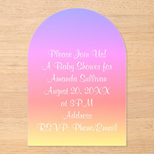 Invitaciones Acrílicas Púrpura azul rosa negro arcoiris pastoral 4Amand (Anverso)