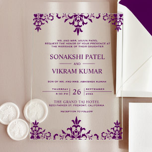 Invitaciones Acrílicas Púrpura Étnico Damasco Boda India