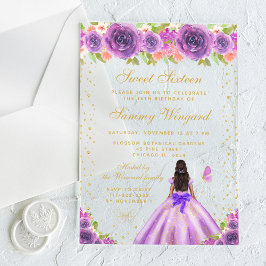 Invitaciones Acrílicas Púrpura Floral Piel Oscura Princesa Dulce Dieciséi