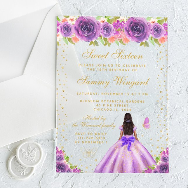 Invitaciones Acrílicas Púrpura Floral Piel Oscura Princesa Dulce Dieciséi (Subido por el creador)
