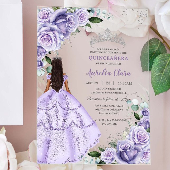 Invitaciones Acrílicas Púrpura Lilac Floral Plata Quinceañera XV Dulce 16 (Subido por el creador)
