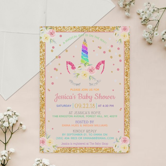 Invitaciones Acrílicas Purpurina arcoiris de moda Unicorn Baby Shower (Subido por el creador)