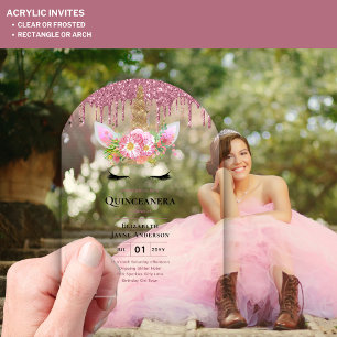 Invitaciones Acrílicas PURPURINA de goteo de Unicornio rosa de Quinceaner